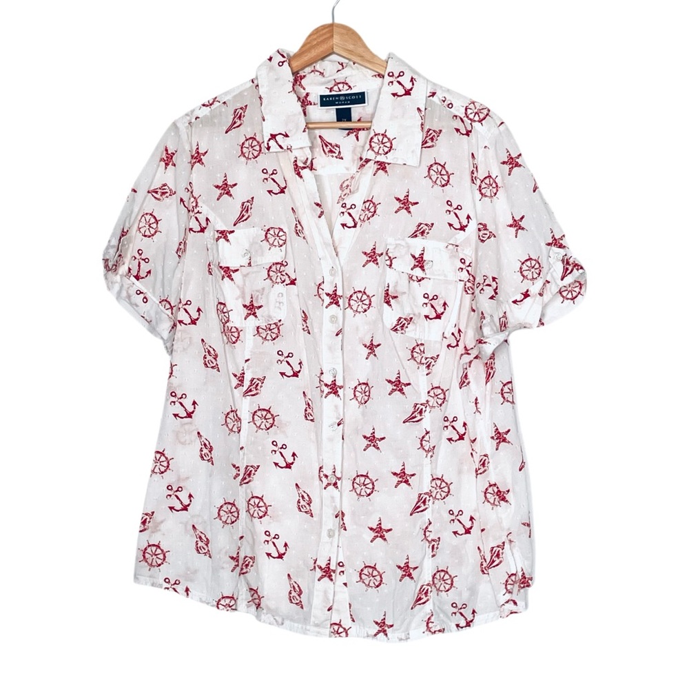 Karen Scott Women White Short Sleeve Button Up Top Red Nautical Print Size 2X